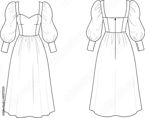 CAD drawing flat vector illustration of stylish puff sleeve dress, sweetheart neckline, front and back views, technical fashion sketch, elegant clothing design, garment template layout