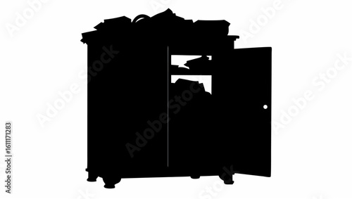 Silhouette of an overflowing wardrobe with an open door and items piled on top against a white background