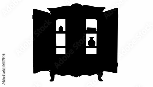 Silhouette of an ornate cabinet with open doors revealing shelves holding various decorative items inside