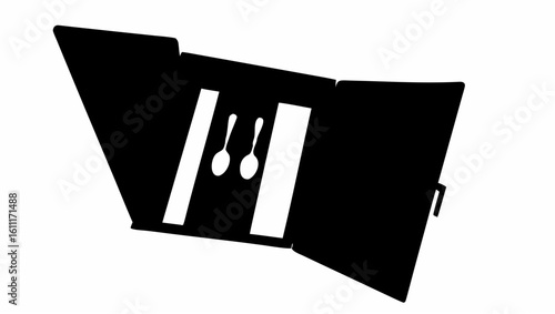 A black and white graphic of a takeout container with two spoons in the center of the container design silhouette