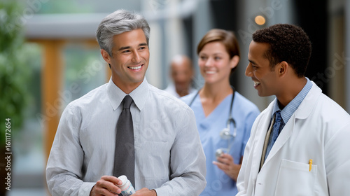 Medical Sales Rep Discussing Medication with Doctors in Hospital Hallway