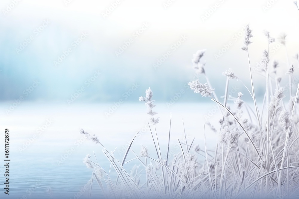 Obraz premium Stunning winter scene with frozen grass blades by a serene lake, creating a tranquil and ethereal atmosphere