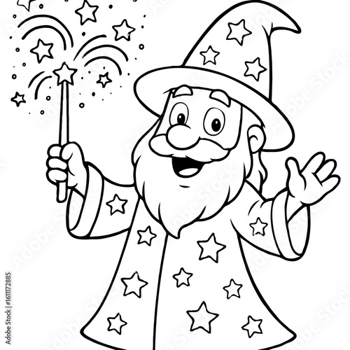 Happy Wizard with Magic Wand and Sparkling Stars: Fantasy Coloring Page for Kids