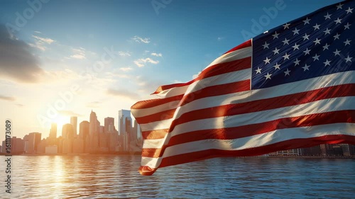 American flag waves at sunrise over urban skyline cityscape nature serenity inspiration