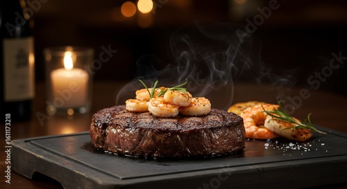 Gourmet Steak and Shrimp Dinner with Candlelight