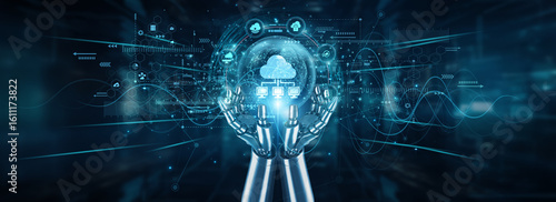 Robot hands holding global network and cloud computing innovation, storage scalability automation services infrastructure virtualization data access collaboration deployment integration.