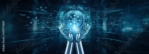 Robot hands holding global network and decentralized finance (DeFi), blockchain automation tokens smart contracts investment transparency crypto security digital wallets, and verification.