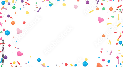 A frame of colorful sprinkles and shapes on a black backdrop    .ai generative, transparent background, white background. isolated on white background