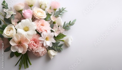 a delicate bouquet of white and pale pink flowers arranged elegantly against a light background
