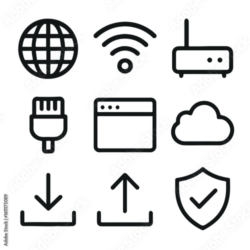 Black line icon set of internet and cloud interface isolated on white background