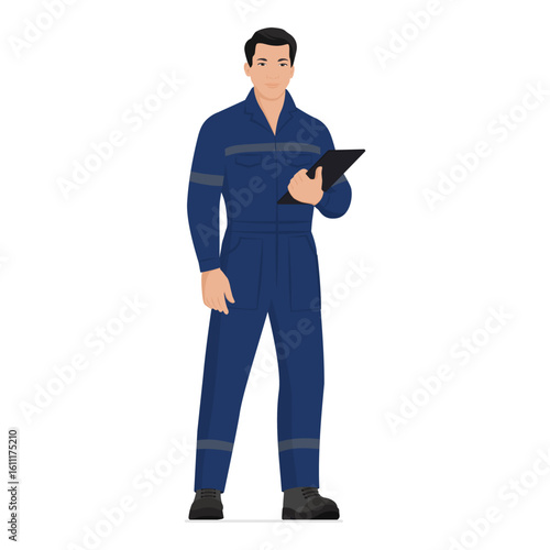 Professional mechanic standing and holding a tablet
