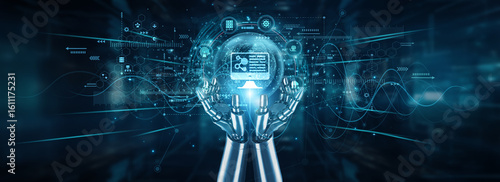 Fotografija Robot hands holding global network and computer science innovation, automation algorithms programming systems development software architecture computation security analysis