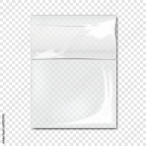 Closed fold top self adhesive sealing clear plastic poly bag. Realistic vector mockup. Blank empty cellophane pouch. 3d mock-up. Transparent package. Template for design