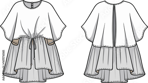 Girls layered dress with cape overlay, front button closure, waist tie, flutter sleeves, high-low hem, kids fashion, CAD drawing, flat vector illustration