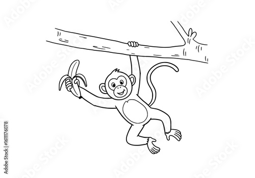 Joyful monkey swings from tree branch holding a banana, perfect for playful designs