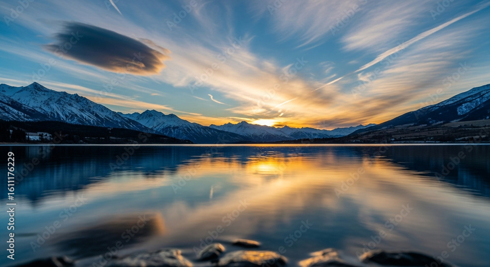 Fototapeta premium Majestic mountain range reflected in a calm lake during a vibrant sunset with dramatic clouds