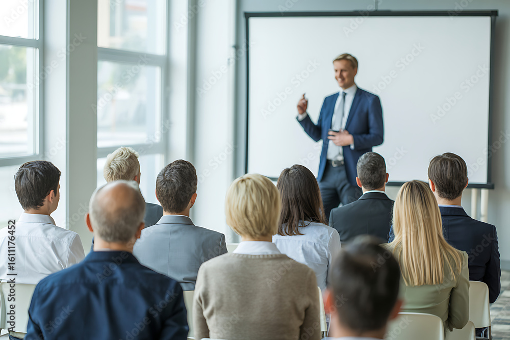 Fototapeta premium Engaging speaker presenting at a modern business conference, delivering insights to attentive audience, fostering collaboration and innovation in bright setting