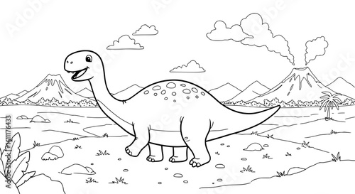 Joyful dinosaur in prehistoric landscape with volcanoes and clouds, perfect for kids' coloring adventures