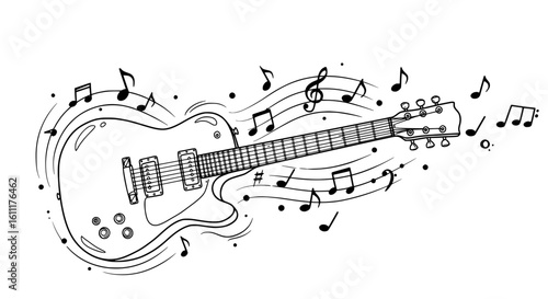 Dynamic electric guitar illustration with flowing musical notes captures the essence of vibrant sound and creative expression.