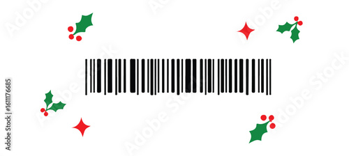 Festive barcode with holly and stars Christmas berries style vector illustration EPS file download