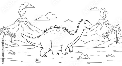 Joyful dinosaur roams prehistoric landscape near erupting volcanoes and lush palm trees