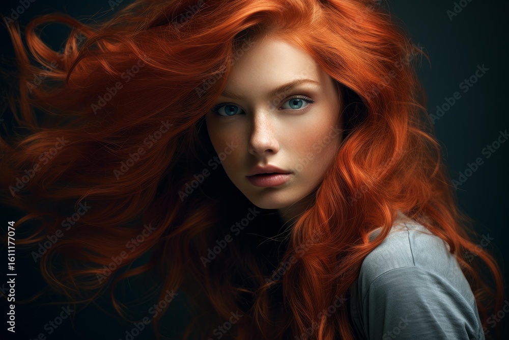 Fototapeta premium Studio portrait of beautiful redhead model showing long and wavy hair