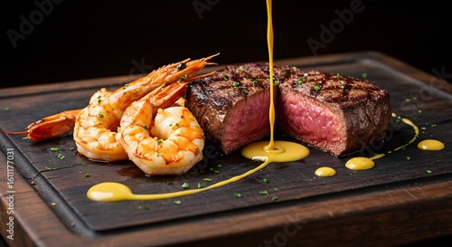 Gourmet surf and turf dish with medium rare beef steak, grilled shrimp, and yellow sauce being poured.