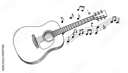 Vibrant acoustic guitar serenades with flowing musical notes, perfect for creative projects and music lovers.