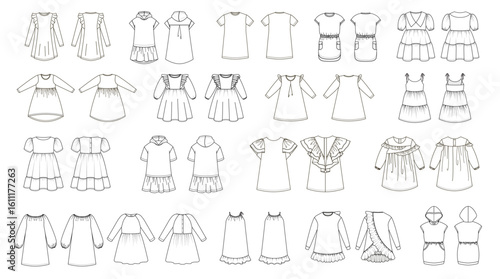 A vector set of kids dress designs in black and white sketch style, featuring various cuts, sleeves, and details, including hoodies and frills. 
