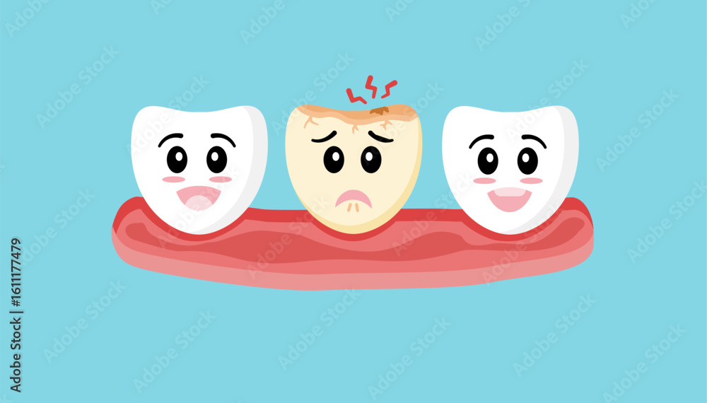 Obraz premium Cavity concept. Healthy smiling teeth and cavities with sad expressions in flat cartoon style design. Dental problems. Toothache. Oral care. Dental and oral health icons.