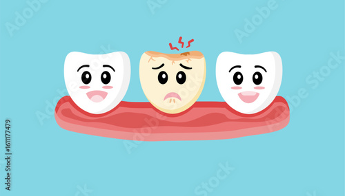 Cavity concept. Healthy smiling teeth and cavities with sad expressions in flat cartoon style design. Dental problems. Toothache. Oral care. Dental and oral health icons.