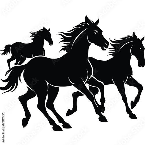 Majestic Silhouettes of Running Horses Adorned against a Pristine White Canvas