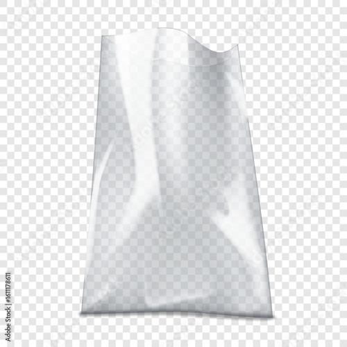 Open clear plastic poly bag. Realistic vector mockup. Blank empty cellophane pouch. 3d mock-up. Transparent glossy package. Template for design