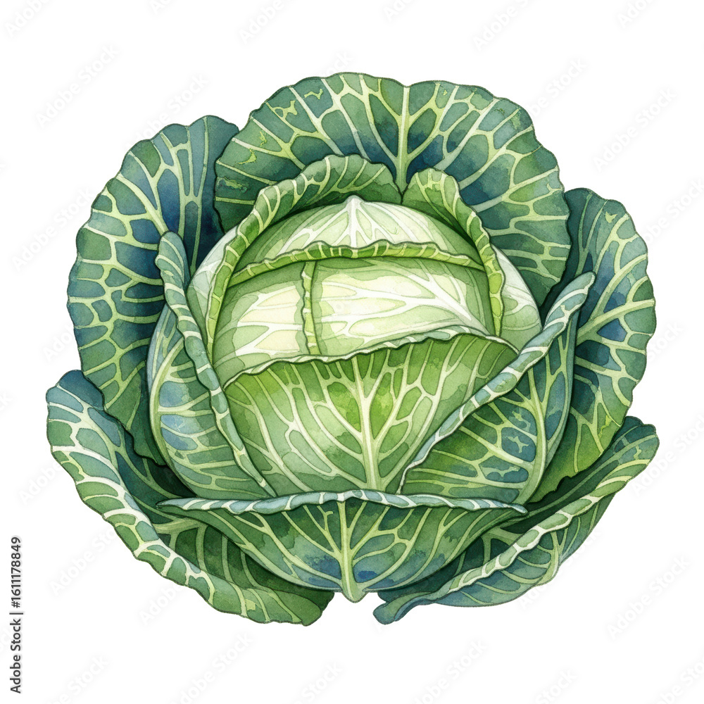 Fototapeta premium A vibrant green cabbage head depicted in a beautiful watercolor style, perfect for healthy food concepts and culinary designs.