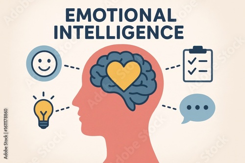 Conceptual Illustration of Emotional Intelligence with Brain, Heart, and Icons