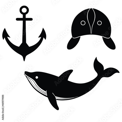 Silhouette of Sea Dwellers and Anchor Resting on Ocean Floor
