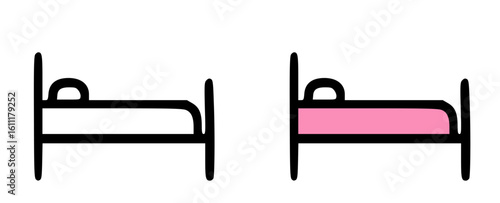 Two simplistic bed icons, one white and one with pink bedding.