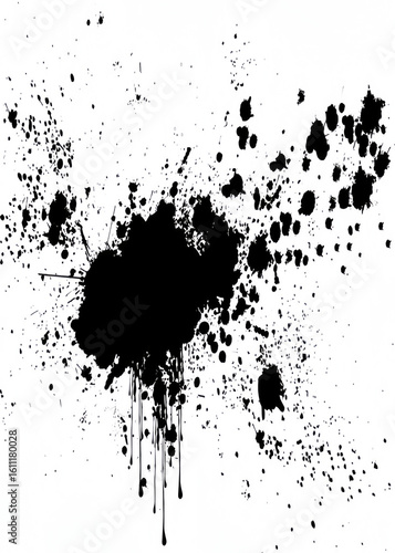 Black ink splatters and drips creating a grunge artistic background.