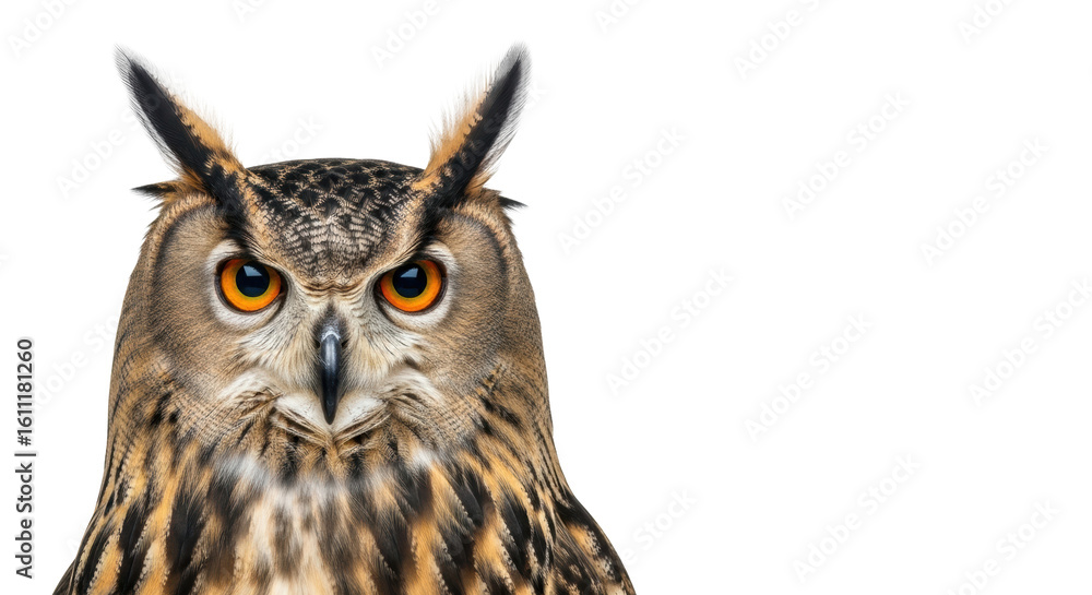 Fototapeta premium Close-up photorealistic studio portrait of an adult eurasian eagle-owl with prominent ear tufts, bright orange eyes intensely focused on camera, isolated on transparent background with copy space,