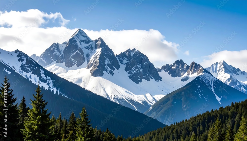 Obraz premium Majestic peaks: A scenic vista of snow-capped mountains and evergreen forests scenery landscape
