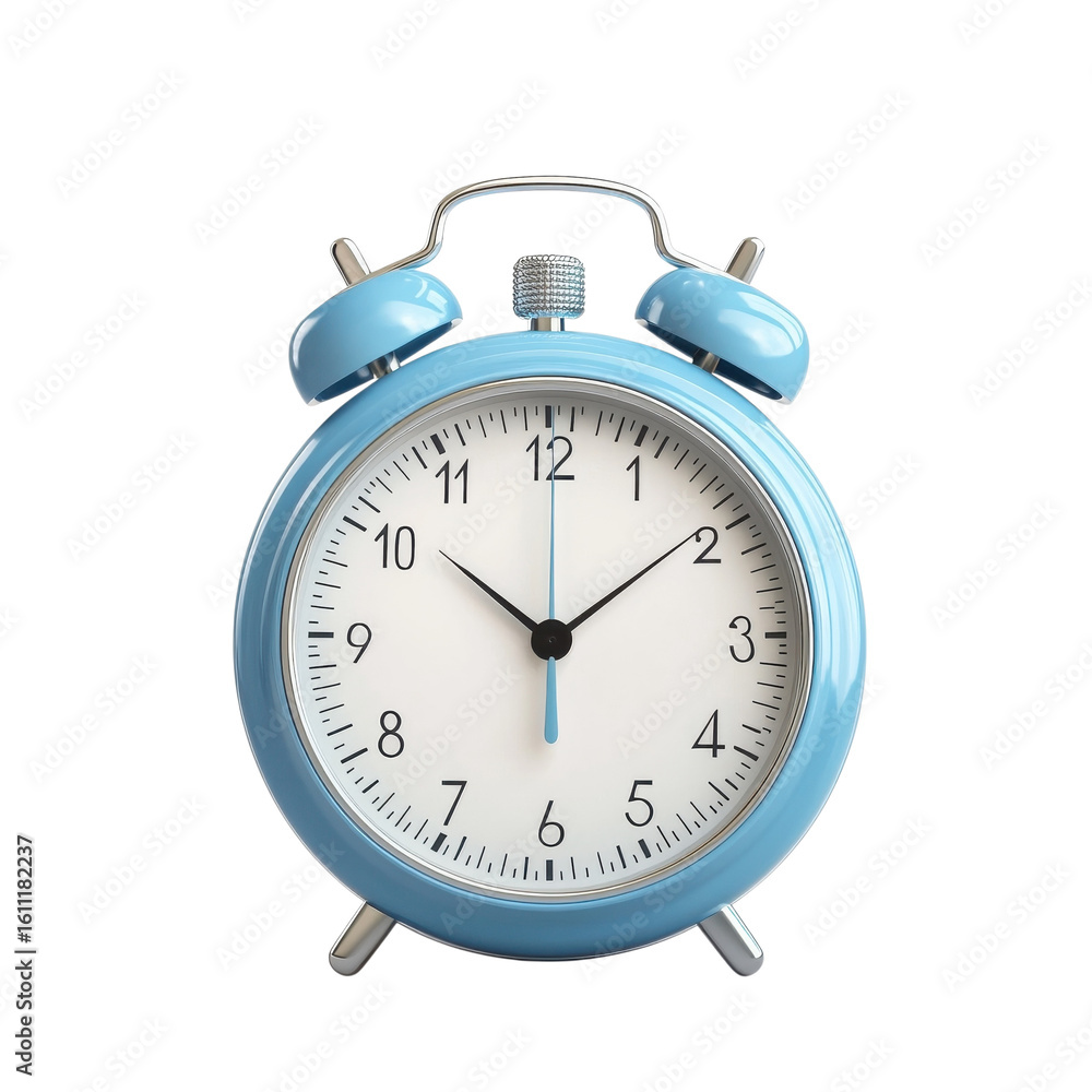 Classic blue alarm clock showing time in a bright, minimalist setting for morning reminders or decor on transparent background Classic blue alarm clock showing time in a bright, minimalist setting for morning reminders or decor on transparent background