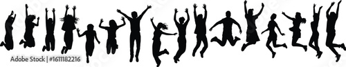 Group of People Jumping in Celebration, Black Silhouette Figures, Joyful Expression, Team Unity Concept, Vector Illustration for Creative Projects, Festive Energy and Togetherness Theme