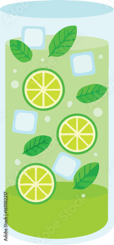 Refreshing green beverage with lime slices mint leaves and ice cubes drink style vector illustration EPS file download
