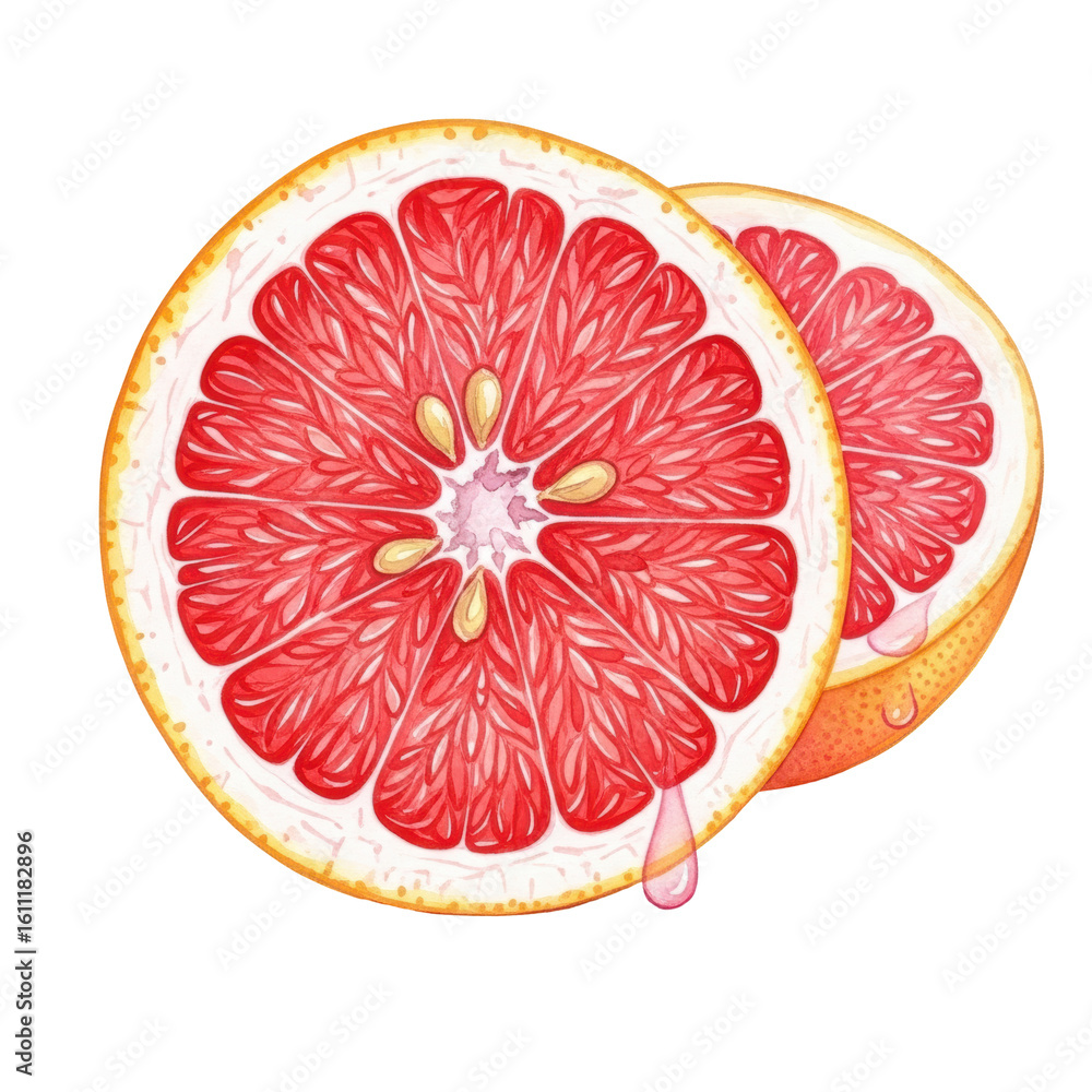 A vibrant illustration of two red grapefruit slices, one with a juicy drip, perfect for healthy food, drink, or summer themes. A vibrant illustration of two red grapefruit slices, one with a juicy drip, perfect for healthy food, drink, or summer themes.