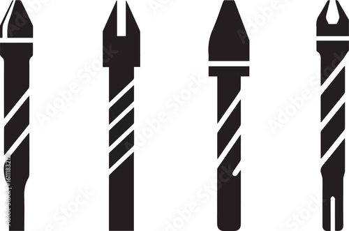 Drill Bit Silhouette Icon Vector Set – Construction Tool and Hardware Equipment