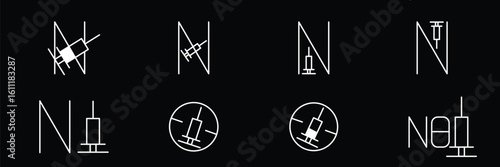 No syringe, hormones, antibiotic, drugs icons set. No injection symbol. Vector stock illustration isolated on black background for design template medical, pharmacy, hospital. Editable stroke line.