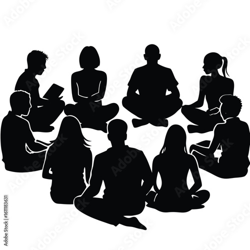 Silhouetted Group of People Seated Against a White Backdrop