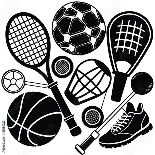 Silhouette Set of Sports Equipment on a White Background