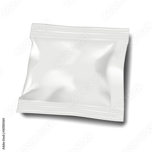 Blank white 3-side seal square sachet pouch. Realistic vector mockup. Plastic bag. 3d mock-up. Food, medical product single dose, cosmetic sample individual flat packet package. Template for design