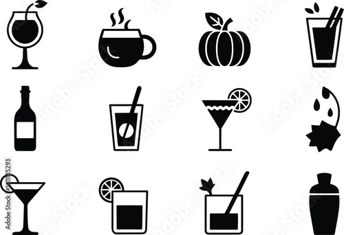 Black and white minimalist cocktail icons:  drinks, beverages, bar, menu, autumn, fall, pumpkin spice.